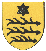 Wappen von Riquewihr:  die Hirschhölzer sind das Erbe von Comtes und württembergische Herzöge.  Der Stern stammt aus dem Wappen Horbourg.